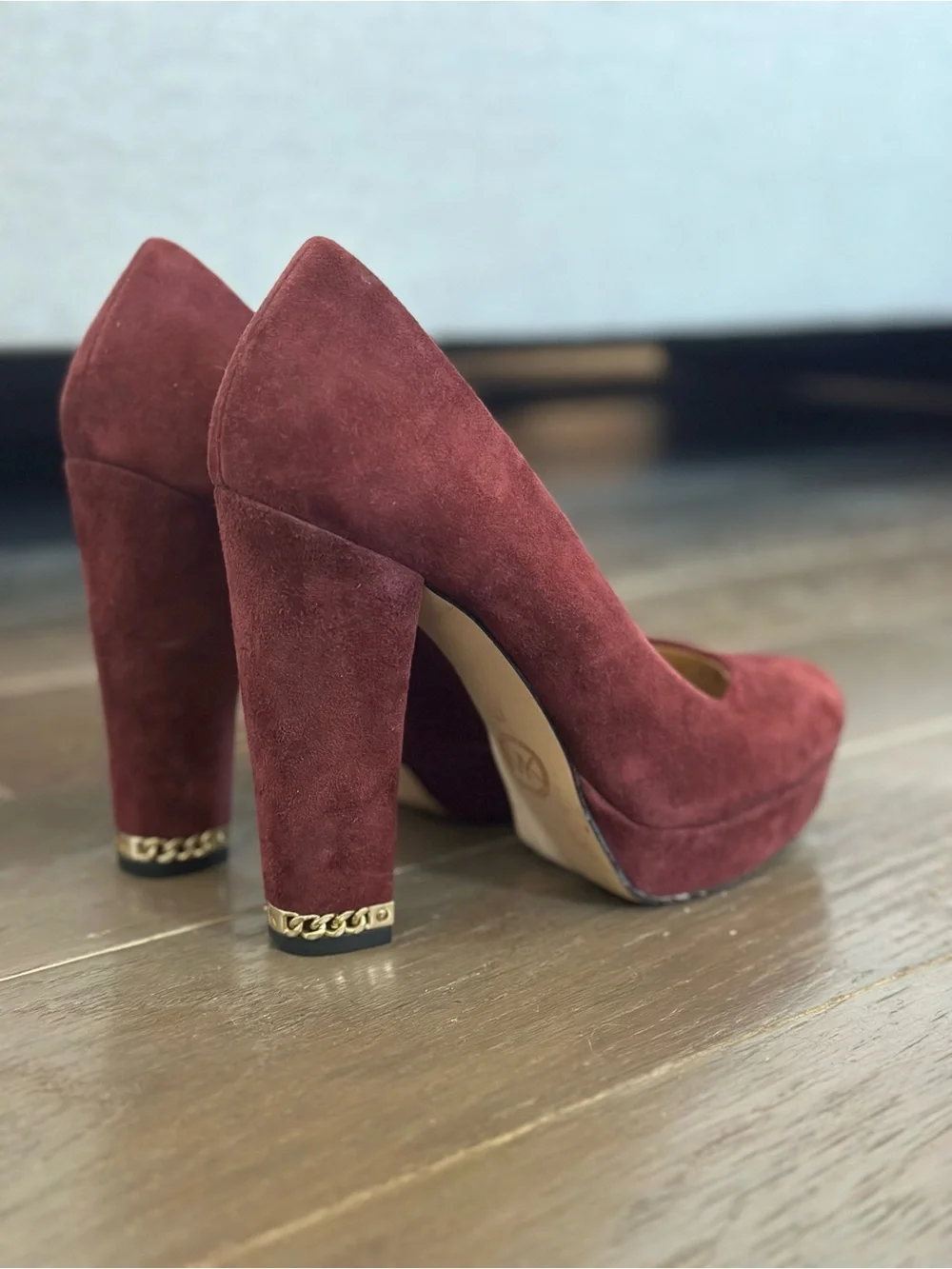 MICHAEL Michael Kors Burgundy Suede Platform Pumps with Gold Accent